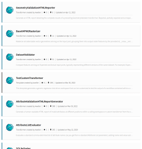 Screenshot of custom transformers on FME Hub